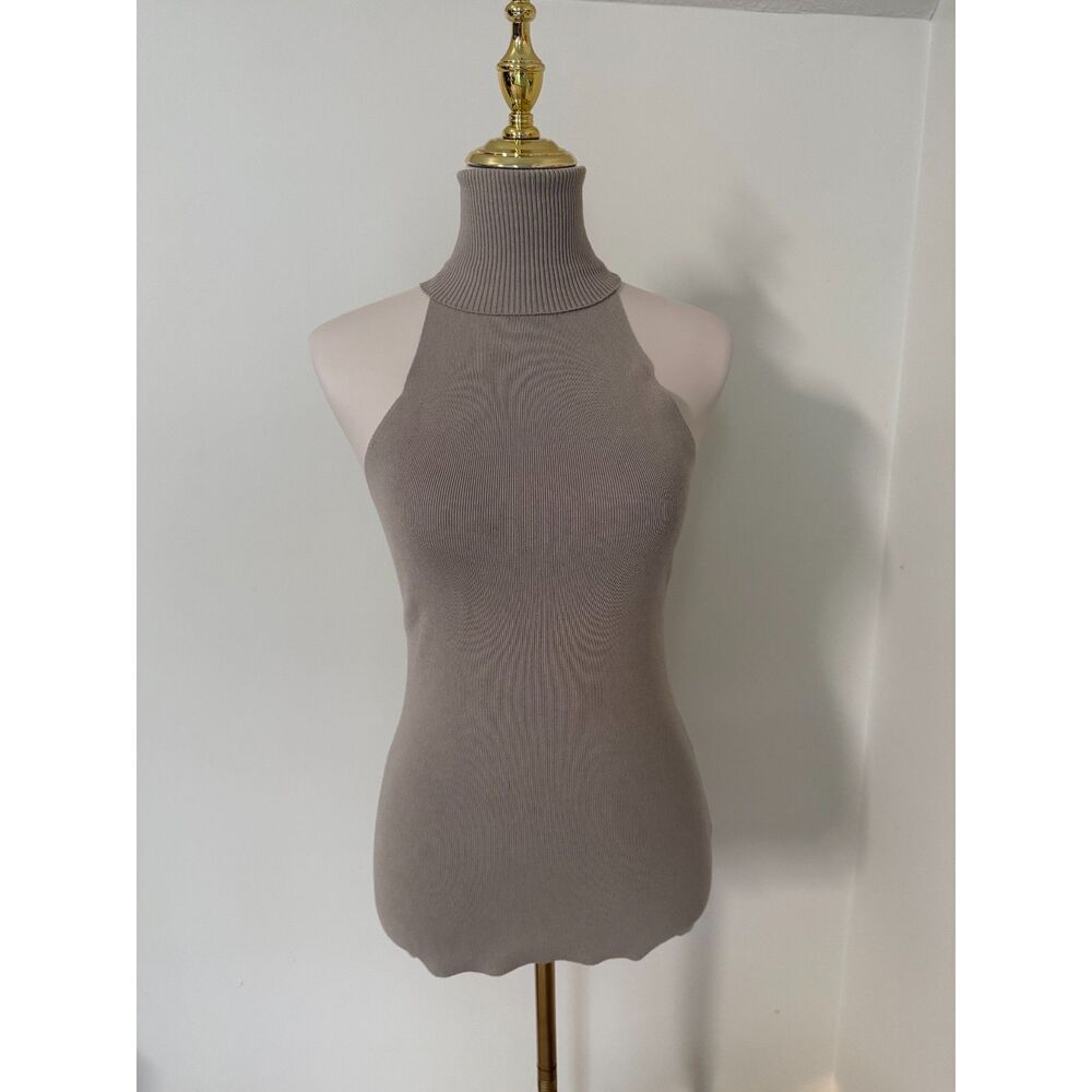 MESHKI Taupe Sleeveless Turtleneck Knit Top Women’s M High Neck Fitted